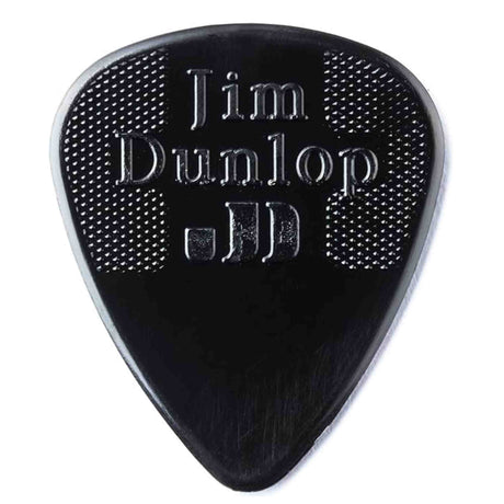 The image shows a black Jim Dunlop teardrop-shaped guitar pick with the brand name and "JD" initials embossed on its surface. It features a textured grip area with small raised dots on either side of the branding to prevent slipping. Made from polymer, this standard pick is designed for strumming and picking guitar strings.