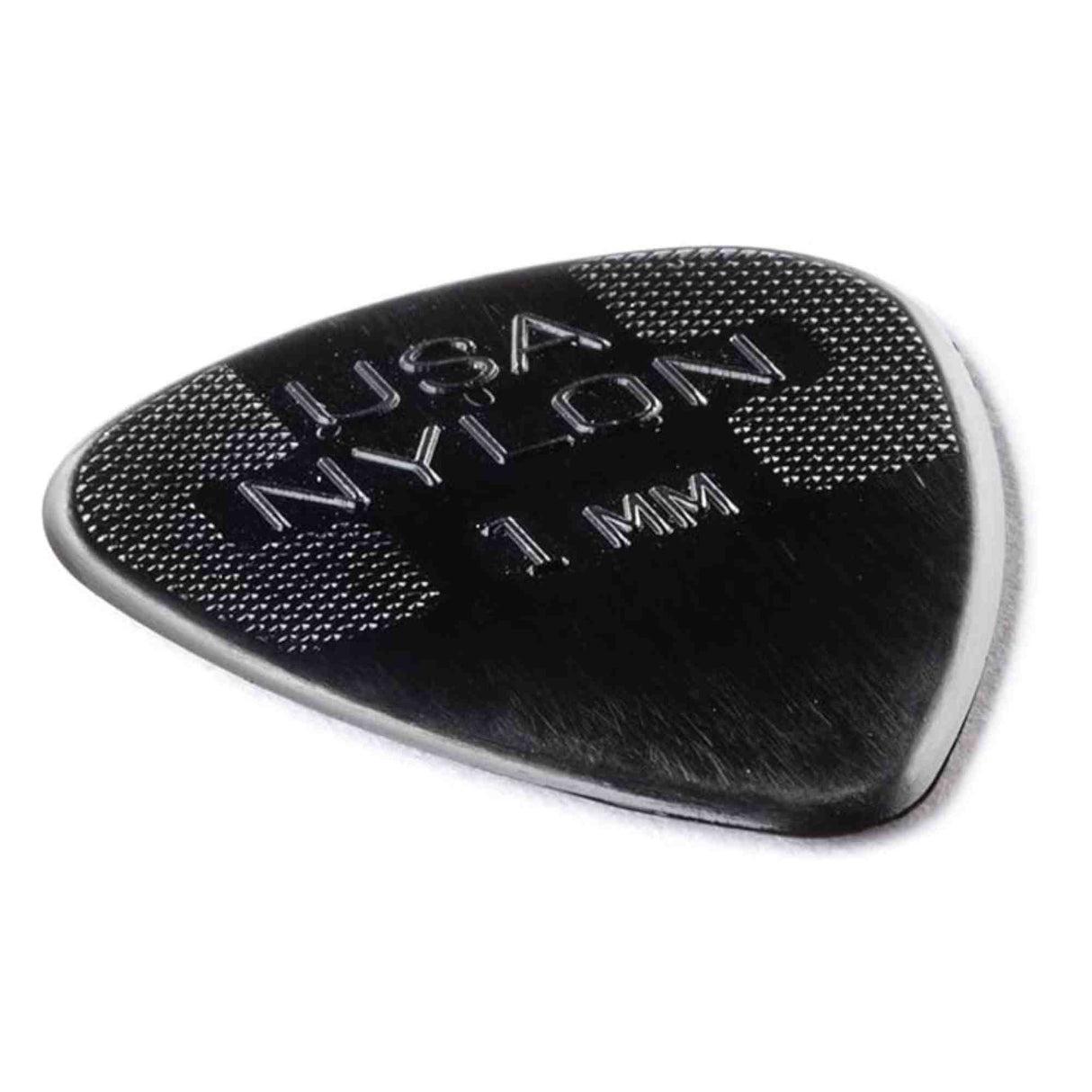 The image shows a black nylon guitar pick with "USA NYLON" and "1 MM" embossed on its textured, dotted surface for grip. This standard 1-millimeter-thick plectrum is used for strumming or picking strings and appears to be a professional, manufactured accessory rather than a promotional or novelty item.