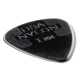The image shows a black nylon guitar pick with "USA NYLON" and "1 MM" embossed on its textured, dotted surface for grip. This standard 1-millimeter-thick plectrum is used for strumming or picking strings and appears to be a professional, manufactured accessory rather than a promotional or novelty item.