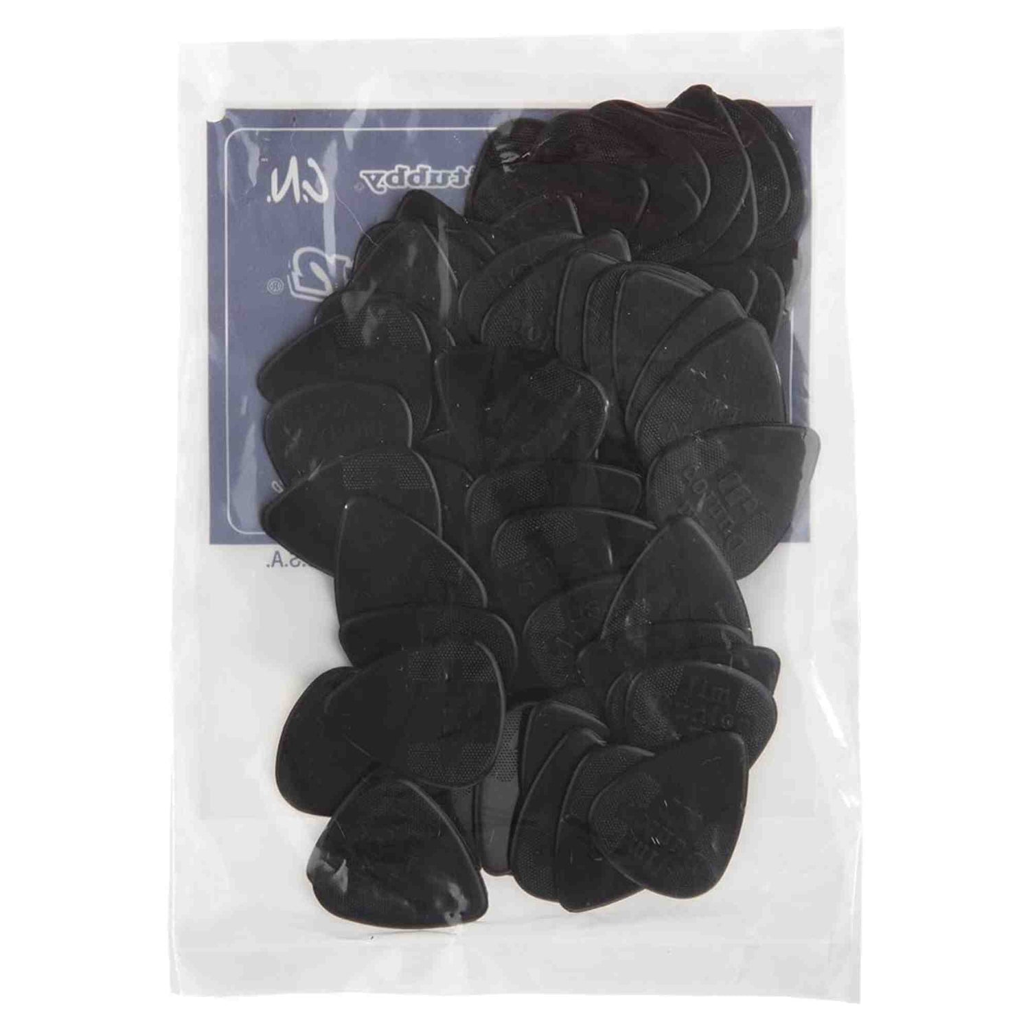 The image shows a clear plastic package containing a large quantity of black plastic guitar picks. A label or card with text is visible at the top of the package. These picks, also called plectrums, are essential accessories used by guitar players to strum or pluck strings. Bulk sets like this are popular since picks are easily lost or worn out with regular use.
