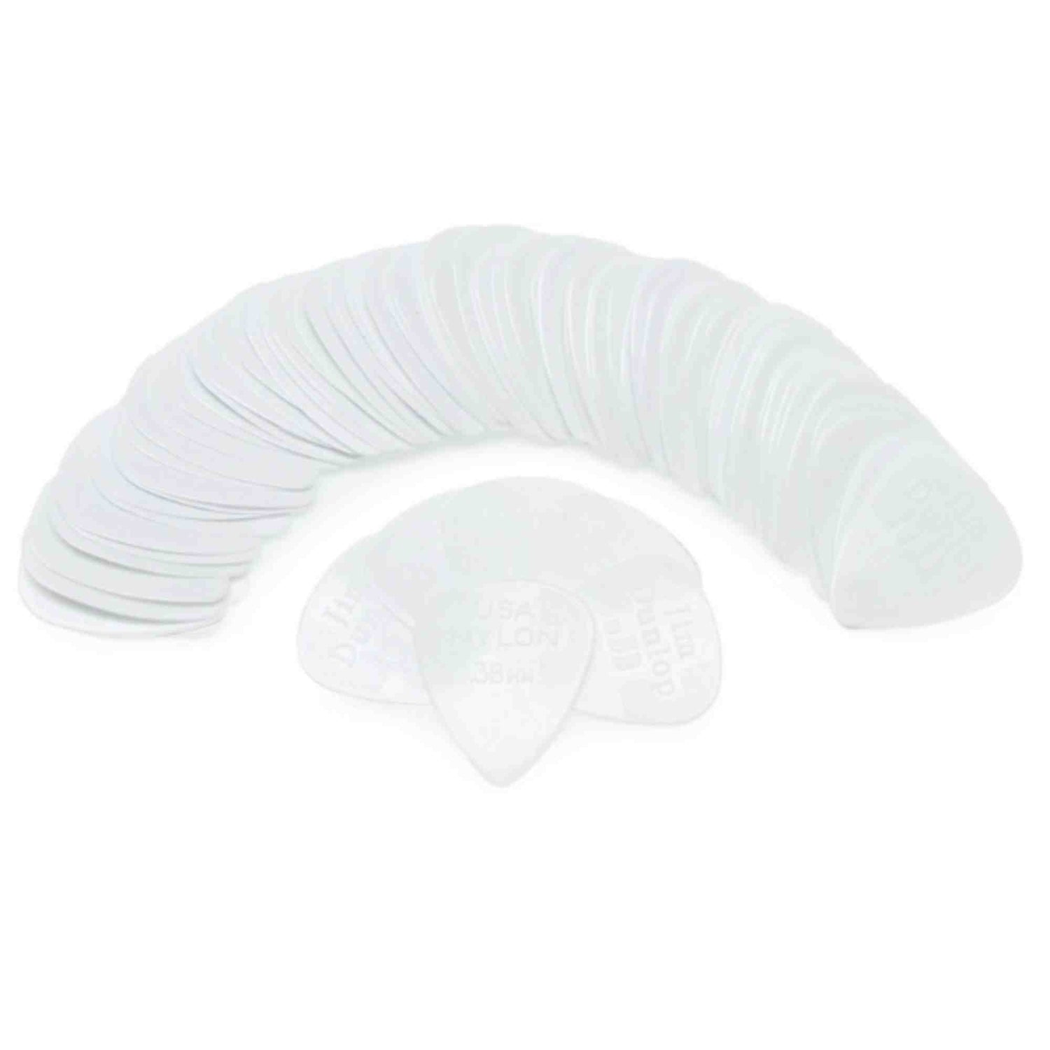 The image shows a collection of translucent, pearlescent guitar picks arranged in a semicircular fan pattern. Each pick has a classic teardrop shape and appears to be made of celluloid or similar plastic, giving them an iridescent, clear appearance. The picks are evenly spread out, highlighting their uniform style and material, commonly favored by guitarists for both visual appeal and tonal quality.