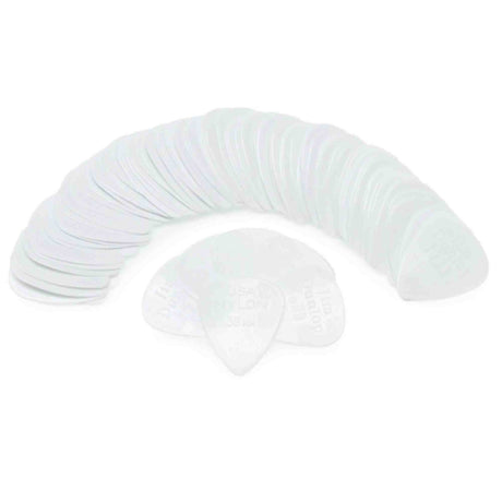 The image shows a collection of translucent, pearlescent guitar picks arranged in a semicircular fan pattern. Each pick has a classic teardrop shape and appears to be made of celluloid or similar plastic, giving them an iridescent, clear appearance. The picks are evenly spread out, highlighting their uniform style and material, commonly favored by guitarists for both visual appeal and tonal quality.