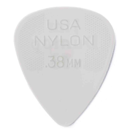 The image shows a white or light gray, teardrop-shaped guitar pick with "USA" at the top, "NYLON" in the middle, and ".38MM" at the bottom. It is a 0.38 mm thin nylon pick, made in the USA. Thin picks like this are flexible and ideal for strumming and rhythm guitar, offering a softer attack and smooth feel. Nylon is durable and provides good tone.