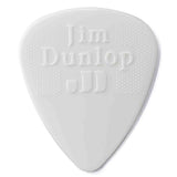 The image shows a white guitar pick (plectrum) embossed with "Jim Dunlop" and ".60". Made by Dunlop Manufacturing, the ".60" indicates a 0.60mm thickness, classed as thin to medium-thin. This pick produces a bright tone, ideal for strumming and lighter playing styles. Jim Dunlop picks are popular across genres for their reliable, classic design and versatile use.