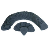 The image shows a collection of dark-colored, teardrop-shaped guitar picks arranged in a curved, fan-like pattern. Made of plastic or nylon, the picks have embossed or printed text, though details are unclear. The uniform color and branding suggest they are from the same manufacturer, likely a bulk pack or promotional display of identical picks commonly used for strumming or plucking guitar strings.