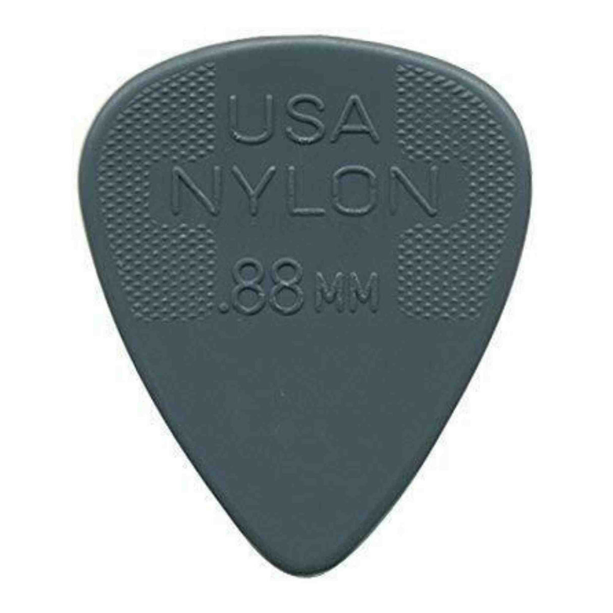 The image shows a dark gray nylon guitar pick with a classic teardrop shape. It features "USA NYLON" and "88MM" embossed on it, indicating a thickness of 0.88mm. The pick has textured crosshatch grip areas on both upper sides and a smooth playing tip. This medium-thickness pick offers durability, balanced tone, and improved grip for better control while playing.