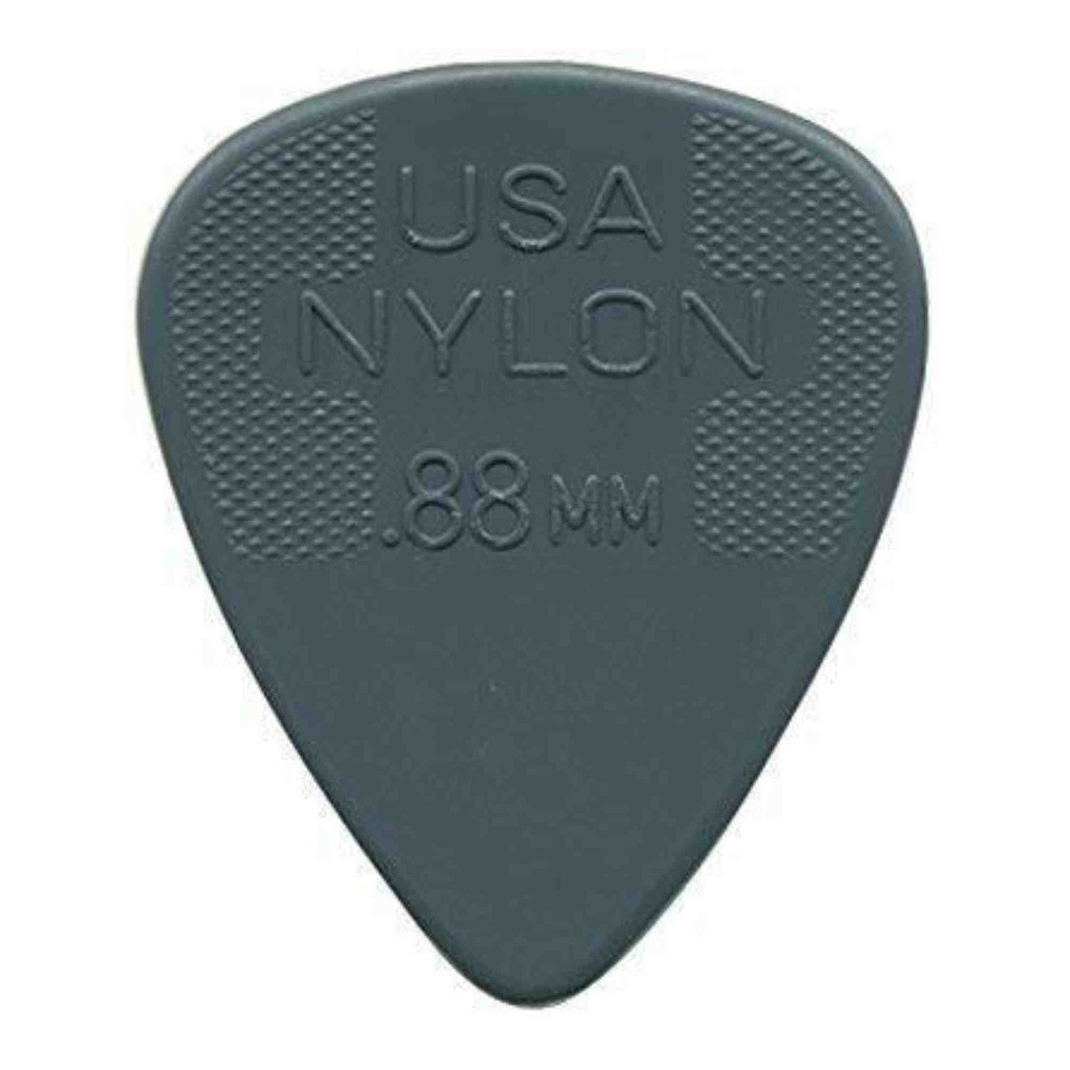 The image shows a dark gray nylon guitar pick with a classic teardrop shape. It features "USA NYLON" and "88MM" embossed on it, indicating a thickness of 0.88mm. The pick has textured crosshatch grip areas on both upper sides and a smooth playing tip. This medium-thickness pick offers durability, balanced tone, and improved grip for better control while playing.