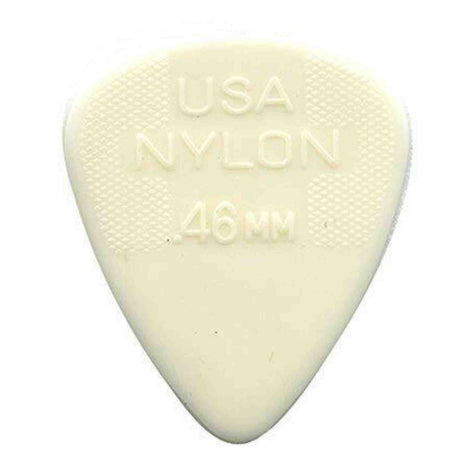 The image shows a cream-colored, teardrop-shaped guitar pick with embossed text reading "USA NYLON" and ".46 MM," indicating its thin gauge. The textured surface provides grip, and its light thickness suggests a softer attack and brighter tone when playing.