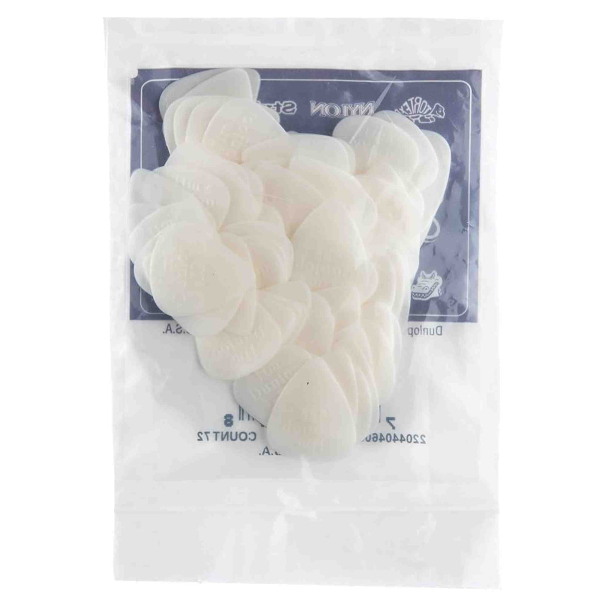 The image shows a clear plastic package containing white or translucent guitar picks. Some packaging text is visible but appears reversed or mirrored. Guitar picks are essential tools for string instrument players, used to strum or pluck strings. This multi-pack is commonly sold in music stores or online for musicians seeking various pick options.