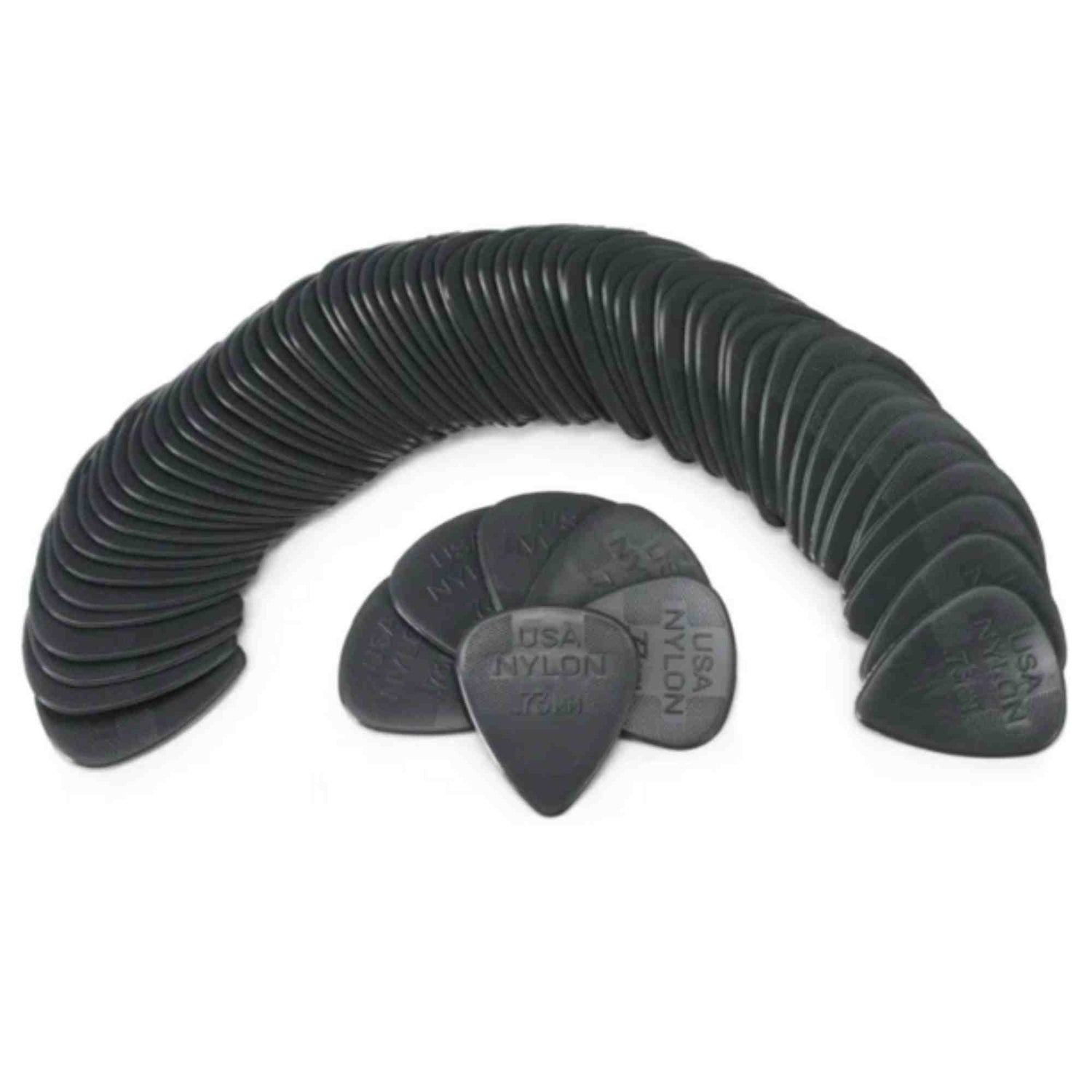 The image shows a curved fan-like arrangement of dark nylon guitar picks, some marked with "NYLON." These picks, essential for guitarists, are used to pluck or strum strings and come in various shapes and thicknesses. Nylon picks are valued for durability, grip, and warm tone. This appears to be a bulk set, typical for musicians needing multiple picks to replace lost or worn ones.