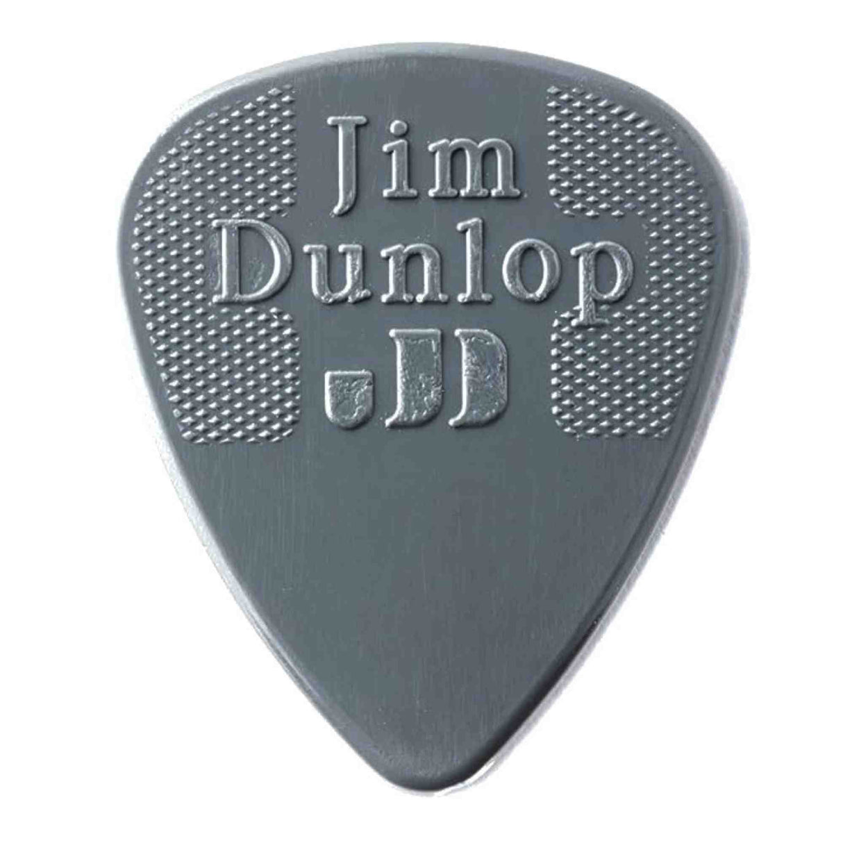 The image shows a Jim Dunlop guitar pick made of dark gray or black polymer with the classic teardrop shape. It features the embossed "Jim Dunlop" brand name, the "JD" logo, and textured grip areas near the top to prevent slipping. Known for quality and durability, this pick is popular among guitarists for precise plucking and strumming.