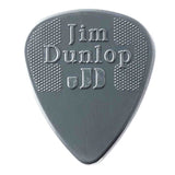 The image shows a Jim Dunlop guitar pick made of dark gray or black polymer with the classic teardrop shape. It features the embossed "Jim Dunlop" brand name, the "JD" logo, and textured grip areas near the top to prevent slipping. Known for quality and durability, this pick is popular among guitarists for precise plucking and strumming.