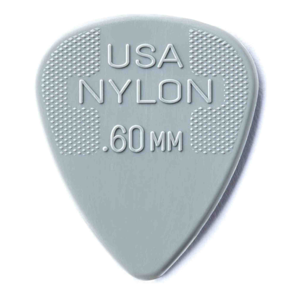 The image shows a light grayish-green nylon guitar pick with ".60MM" thickness embossed, indicating a 0.60 mm medium gauge. It features a textured crosshatch grip on both sides near the top to prevent slipping. Made in the USA, this pick balances flexibility and control, making it suitable for various playing styles. Nylon material offers durability and a balanced tone.