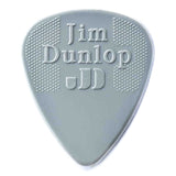 The image shows a classic teardrop-shaped Jim Dunlop guitar pick in grayish-blue. It has raised "Jim Dunlop" branding and "JD" at the bottom. Textured dotted grip areas on the upper sides help prevent slipping. This standard nylon pick is known for durability and a consistent feel, popular among guitarists.