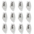 The image shows 12 white Dunlop guitar picks arranged in a 3x4 grid. Each pick features the Dunlop logo and a "1," indicating thickness. They have a classic teardrop shape and are made of plastic. Dunlop is a well-known brand specializing in high-quality guitar accessories. These picks come in a multi-pack, commonly purchased by guitarists as they often wear out or get lost during use.
