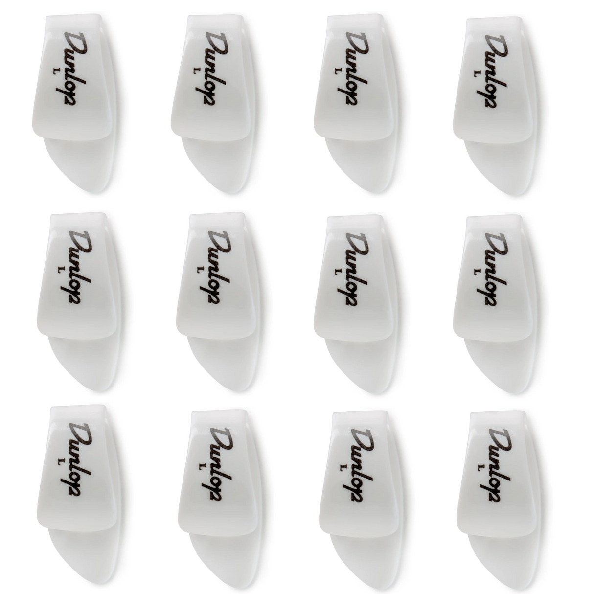 The image shows 12 white Dunlop guitar picks arranged in a 3x4 grid. Each pick features the Dunlop logo and a "1," indicating thickness. They have a classic teardrop shape and are made of plastic. Dunlop is a well-known brand specializing in high-quality guitar accessories. These picks come in a multi-pack, commonly purchased by guitarists as they often wear out or get lost during use.
