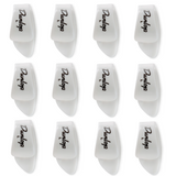 The image shows 12 white Dunlop guitar picks arranged in a 3x4 grid. Each pick features the Dunlop logo and a "1," indicating thickness. They have a classic teardrop shape and are made of plastic. Dunlop is a well-known brand specializing in high-quality guitar accessories. These picks come in a multi-pack, commonly purchased by guitarists as they often wear out or get lost during use.