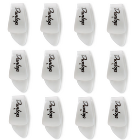 The image shows 12 white Dunlop guitar picks arranged in a 3x4 grid. Each pick features the Dunlop logo and a "1," indicating thickness. They have a classic teardrop shape and are made of plastic. Dunlop is a well-known brand specializing in high-quality guitar accessories. These picks come in a multi-pack, commonly purchased by guitarists as they often wear out or get lost during use.