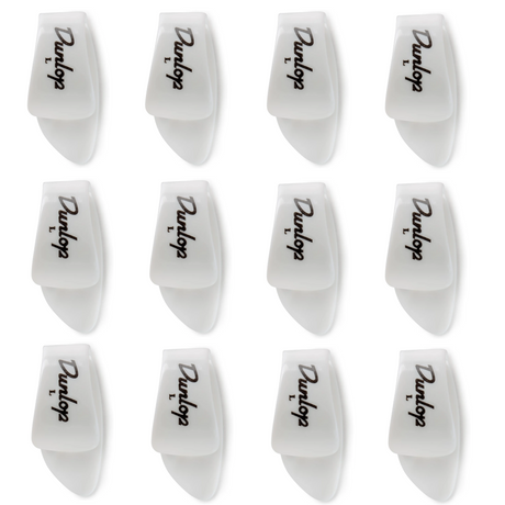 The image shows 12 white Dunlop guitar picks arranged in a 3x4 grid. Each pick features the Dunlop logo and a "1," indicating thickness. They have a classic teardrop shape and are made of plastic. Dunlop is a well-known brand specializing in high-quality guitar accessories. These picks come in a multi-pack, commonly purchased by guitarists as they often wear out or get lost during use.