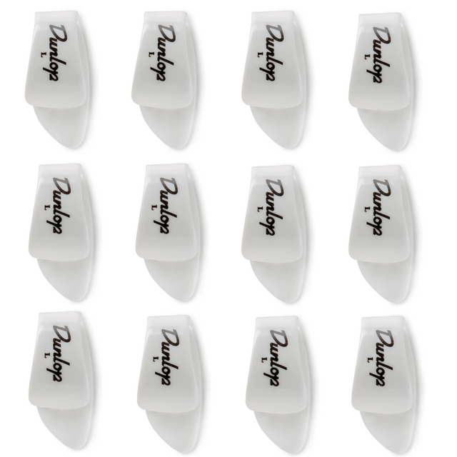 The image shows 12 white Dunlop guitar picks arranged in a 3x4 grid. Each pick features the Dunlop logo and a "1," indicating thickness. They have a classic teardrop shape and are made of plastic. Dunlop is a well-known brand specializing in high-quality guitar accessories. These picks come in a multi-pack, commonly purchased by guitarists as they often wear out or get lost during use.