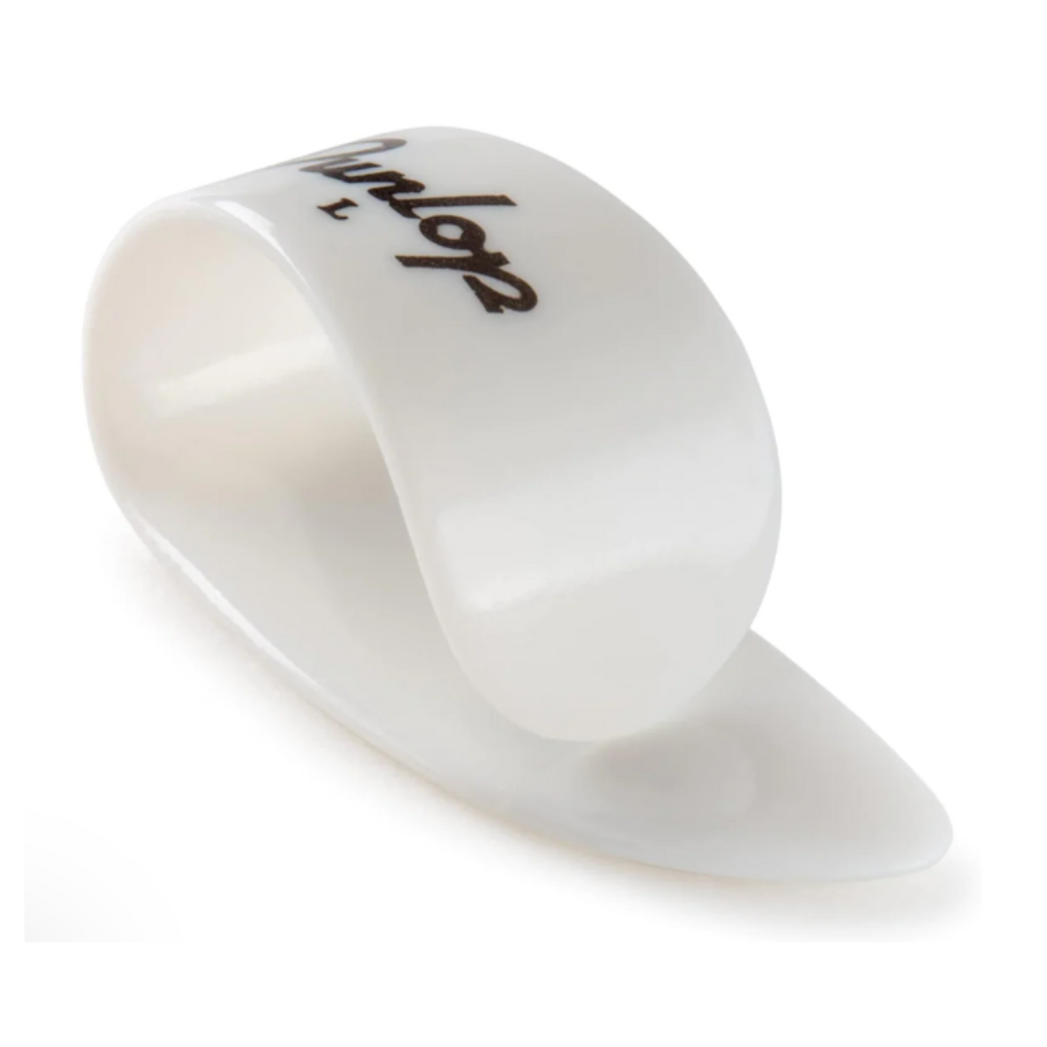 The image shows a white or clear plastic guitar thumb pick with a curved, wraparound design that fits over the thumb. It features the Dunlop logo, a well-known musical accessory brand. Thumb picks like this are used mainly by acoustic guitarists in folk, country, and bluegrass to play bass notes with the thumb while freeing fingers for melody and harmony.