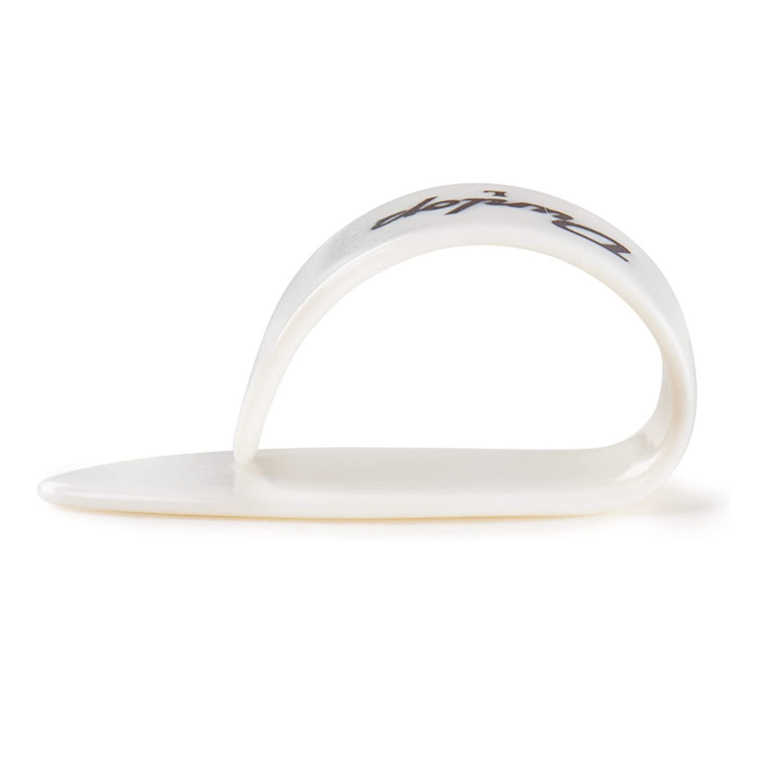 The image shows a clear or translucent white guitar fingerpick made of plastic or celluloid. It has a curved, teardrop shape with a band that wraps around the finger, typically the thumb, and an extended picking surface. Some text or branding is visible but not legible. Fingerpicks like this are used in fingerstyle, bluegrass, country, and folk music to produce a brighter tone and protect fingertips during playing.