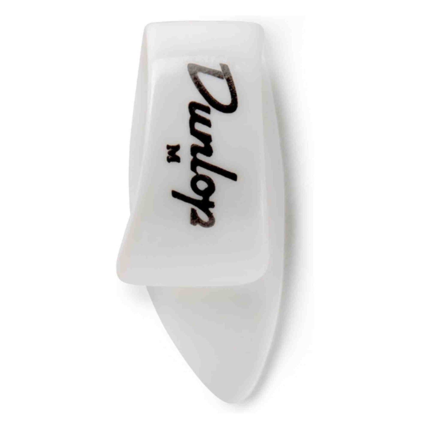 The image shows a white, teardrop-shaped guitar pick with "Dunlop" printed in black. Made of smooth plastic, it features the classic design used by many guitarists. Dunlop is a well-known brand that produces picks in various materials and thicknesses for different playing styles. Guitar picks like this are essential accessories for plucking or strumming strings to create sound.
