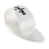 The image shows a white plastic thumb pick with "Martin" printed on it, made by C.F. Martin & Company. This guitar accessory fits over the thumb, commonly used in fingerstyle, country, and bluegrass playing to enhance volume and tone. Its curved design ensures a secure fit while allowing smooth string plucking.