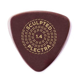 The image shows a D'Addario Sculpted Plectra guitar pick with a 1.4mm thickness. It has a dark reddish-brown color, classic teardrop shape, and a central decorative pattern of small dots. The words "SCULPTED," "PLECTRA," and "1.4" are printed on it. This medium-heavy pick features a textured grip for better control, ideal for precise playing and bright attack.