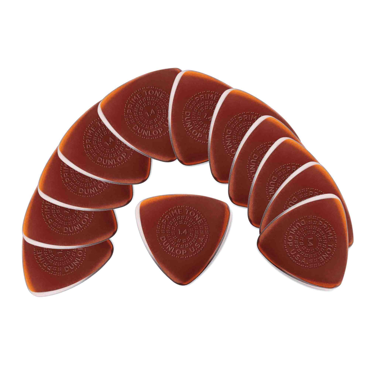 The image shows a circular arrangement of 12-13 translucent amber Dunlop guitar picks with a tortoiseshell appearance. Each teardrop-shaped pick features the "DUNLOP" logo printed on its surface. These picks are popular among guitarists for their warm color and playing feel. Dunlop is a recognized brand known for producing picks in various materials and thicknesses to suit different styles.