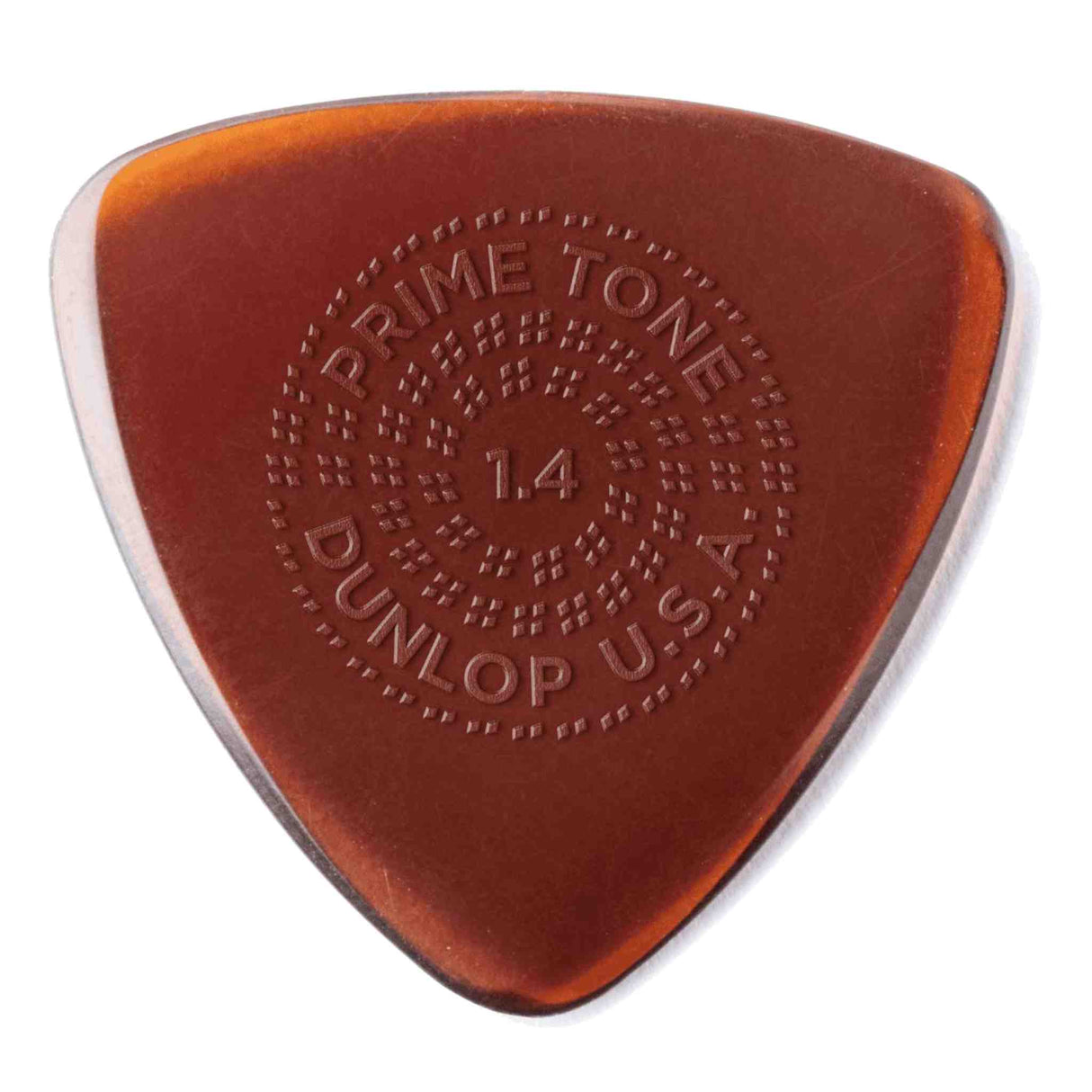 The image shows a Dunlop Primetone guitar pick with a 1.4mm thickness. It has a translucent amber teardrop shape with darker edges fading to a lighter center. The pick features a textured dotted grip and embossed text reading "PRIMETONE," "1.4," and "DUNLOP USA." Known for quality, this thick pick offers precision and control, ideal for lead guitar, jazz, and players seeking a fuller tone.
