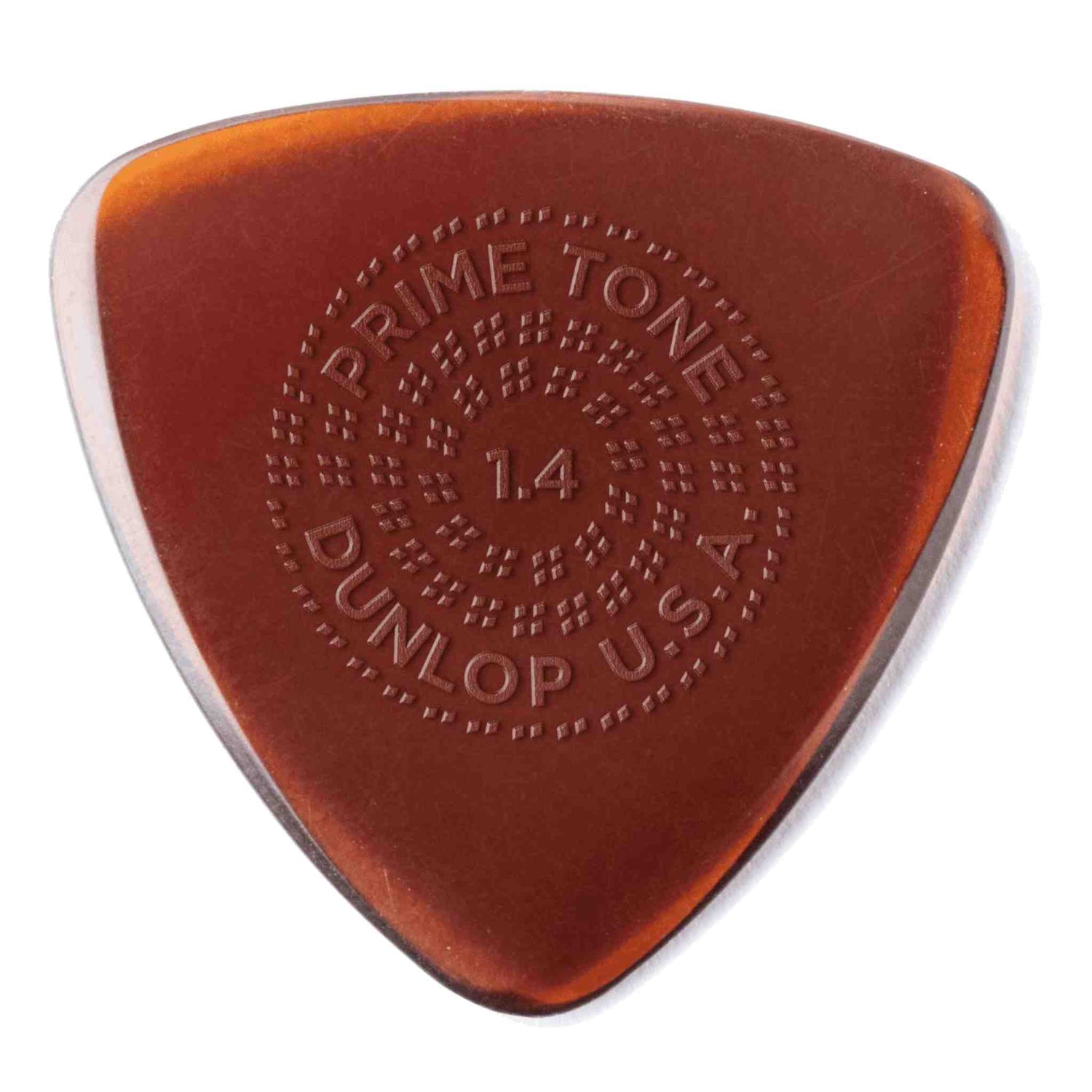 The image shows a Dunlop Primetone guitar pick with a 1.4mm thickness. It has a translucent amber teardrop shape with darker edges fading to a lighter center. The pick features a textured dotted grip and embossed text reading "PRIMETONE," "1.4," and "DUNLOP USA." Known for quality, this thick pick offers precision and control, ideal for lead guitar, jazz, and players seeking a fuller tone.