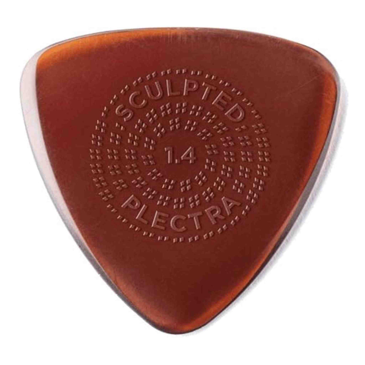 The image shows a triangular guitar pick with a warm amber tortoiseshell color. It has embossed text: "SCULPTED" at the top, "1.4" in the center (thickness in mm), and "PLECTRA" at the bottom. The pick features a circular textured pattern of raised dots for improved grip. This 1.4mm medium-heavy gauge pick offers precision, control, and slight flexibility, designed for serious musicians seeking enhanced performance.