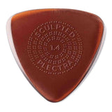 The image shows a triangular guitar pick with a warm amber tortoiseshell color. It has embossed text: "SCULPTED" at the top, "1.4" in the center (thickness in mm), and "PLECTRA" at the bottom. The pick features a circular textured pattern of raised dots for improved grip. This 1.4mm medium-heavy gauge pick offers precision, control, and slight flexibility, designed for serious musicians seeking enhanced performance.