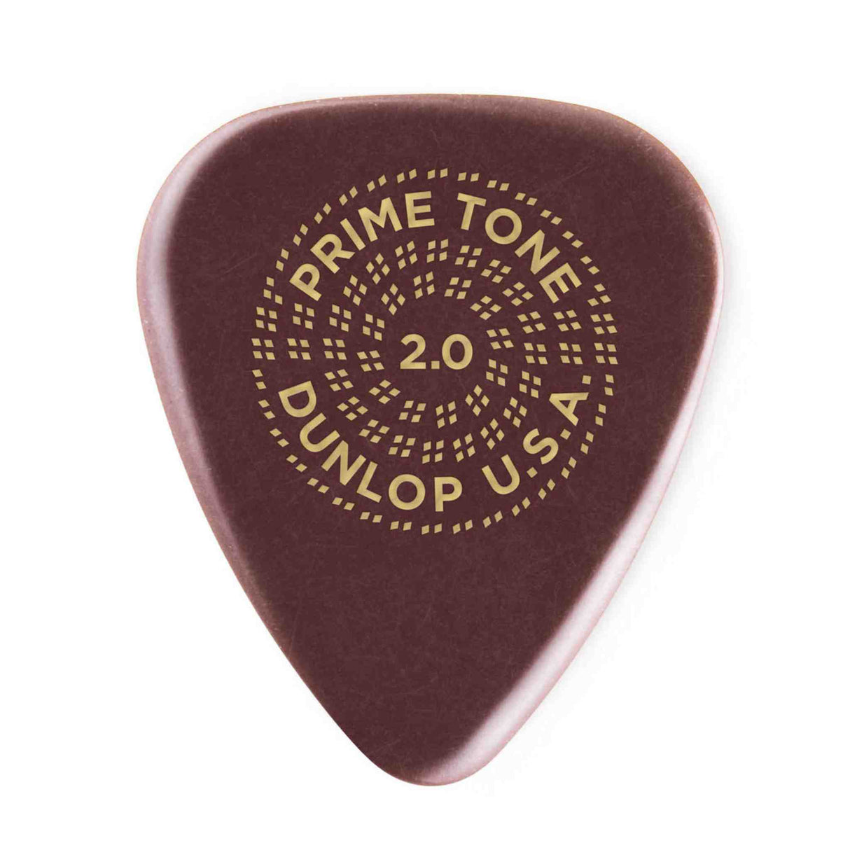 The image shows a Dunlop Prime Tone 2.0 guitar pick in dark reddish-brown with gold-yellow text. The text "PRIME TONE" is at the top, "2.0" in the center, and "DUNLOP U.S.A" at the bottom in a circular layout with decorative dots. This 2.0mm thick plectrum is designed for enhanced tone and grip, offering a fuller, robust sound for guitar players.
