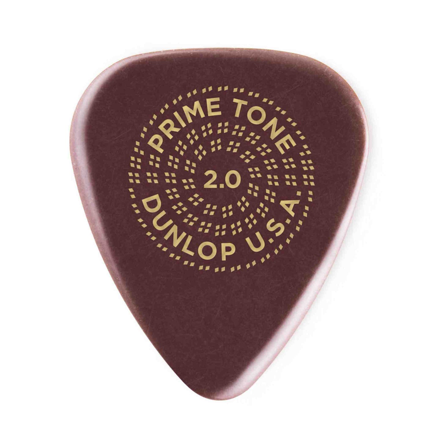 The image shows a Dunlop Prime Tone 2.0 guitar pick in dark reddish-brown with gold-yellow text. The text "PRIME TONE" is at the top, "2.0" in the center, and "DUNLOP U.S.A" at the bottom in a circular layout with decorative dots. This 2.0mm thick plectrum is designed for enhanced tone and grip, offering a fuller, robust sound for guitar players.