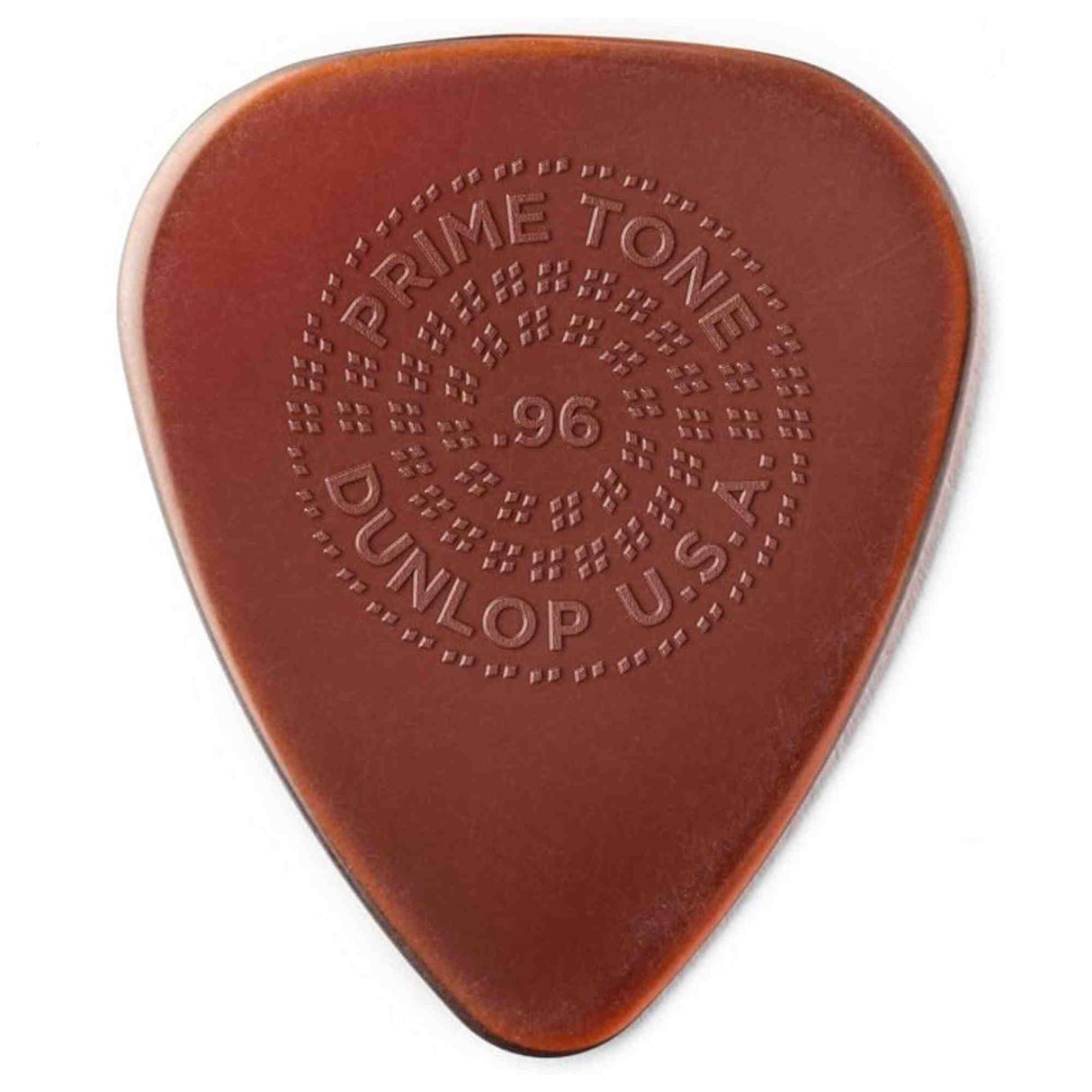 The image shows a Dunlop Primetone guitar pick in reddish-brown/amber with embossed text arranged circularly. It reads "PRIMETONE" at the top, ".96" in the center, "DUNLOP" at the bottom, and "U.S.A." on the right, surrounded by dotted decorative elements. This .96mm medium-heavy pick is from Dunlop’s premium Primetone series, known for quality materials and craftsmanship.