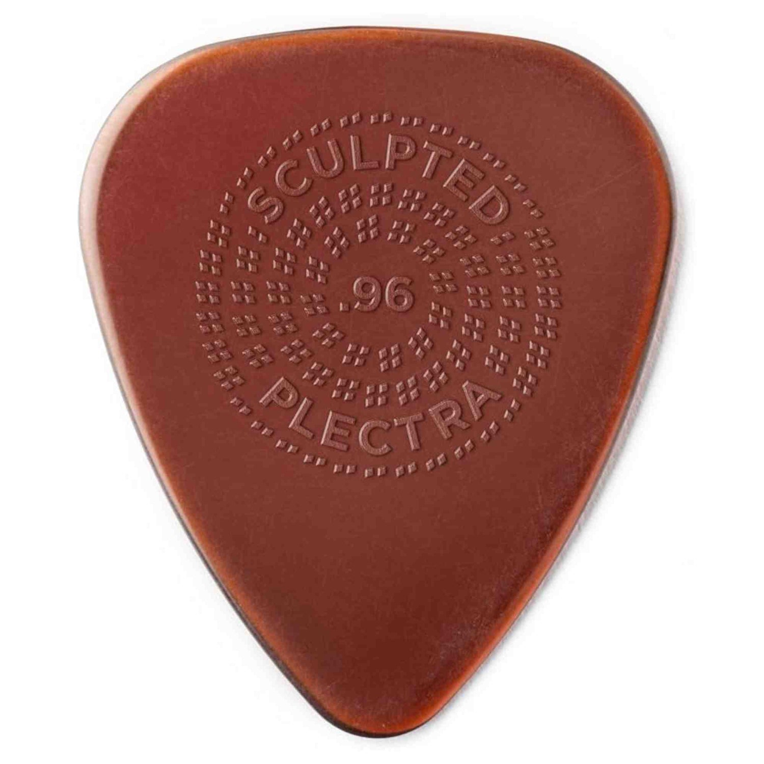 The image shows a reddish-brown guitar pick marked "SCULPTED" at the top, "96" in the center, and "PLECTRA" at the bottom. It features a raised dotted grip pattern radiating around the center, designed to enhance grip and prevent slipping during play. This sculpted texture is typical of premium picks made for better control by serious guitarists.