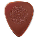The image shows a reddish-brown guitar pick marked "SCULPTED" at the top, "96" in the center, and "PLECTRA" at the bottom. It features a raised dotted grip pattern radiating around the center, designed to enhance grip and prevent slipping during play. This sculpted texture is typical of premium picks made for better control by serious guitarists.