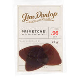 The image shows a package of three Jim Dunlop Primetone guitar picks, made from Sculpted Plectra material with a standard .96 mm thickness (red color). They have a hand-burnished finish marked "MR," feature the Dunlop logo, and are made in the U.S.A. Established in 1965, Jim Dunlop’s Primetone line offers premium picks known for quality tone, grip, and craftsmanship.