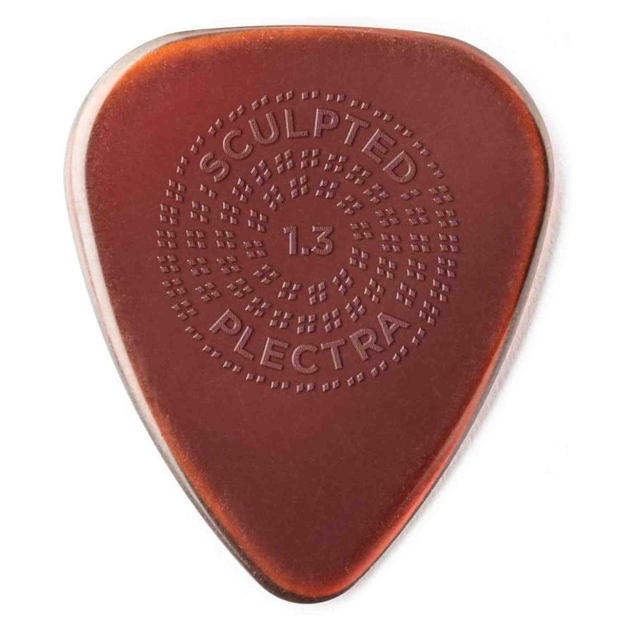 The image shows a translucent amber guitar pick from Sculpted Plectra. It is 1.3mm thick with a classic teardrop shape. The center features a circular pattern of raised dots for enhanced grip, with "SCULPTED PLECTRA" embossed around it. Designed for better control, the pick balances flexibility and rigidity, suitable for both strumming and precise playing.