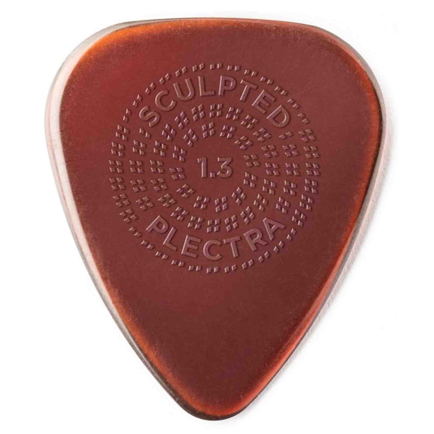 The image shows a translucent amber guitar pick from Sculpted Plectra. It is 1.3mm thick with a classic teardrop shape. The center features a circular pattern of raised dots for enhanced grip, with "SCULPTED PLECTRA" embossed around it. Designed for better control, the pick balances flexibility and rigidity, suitable for both strumming and precise playing.