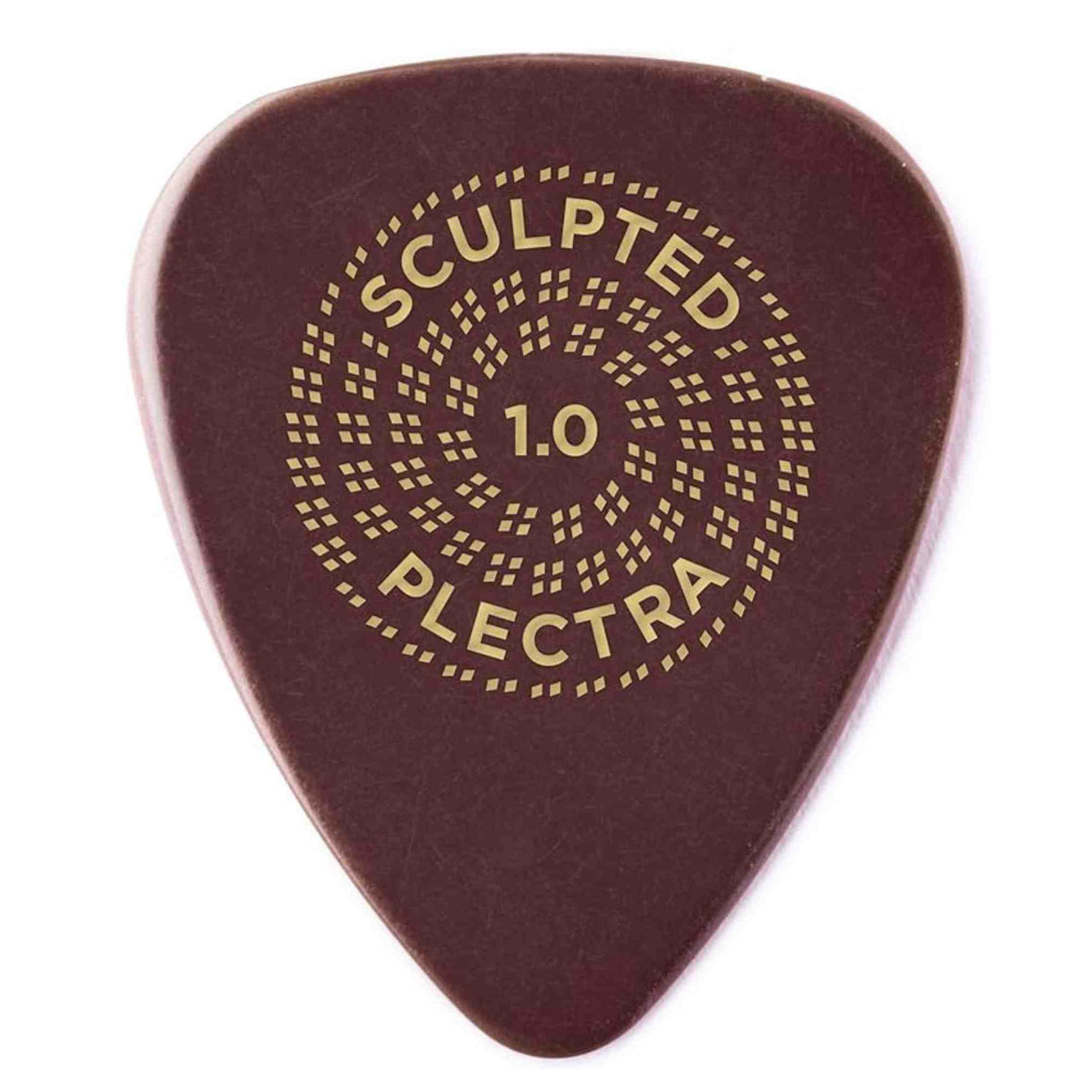 The image shows a dark reddish-brown "Sculpted Plectra" guitar pick with 1.0mm thickness. It features gold/yellow text with "SCULPTED" curved at the top, "1.0" in the center, and "PLECTRA" curved at the bottom, all surrounded by concentric dotted circles. The pick's design and branding suggest it is a premium, specialty material guitar pick.