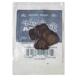 The image shows a package of Dunlop guitar picks in clear plastic packaging with a blue background and white text. The picks are dark brown or tortoiseshell-colored with "DUNLOP" printed in a circular design. Several picks and a barcode are visible. This retail package displays one of the essential accessories used by guitar players to strum or pluck strings, available in various styles and materials.