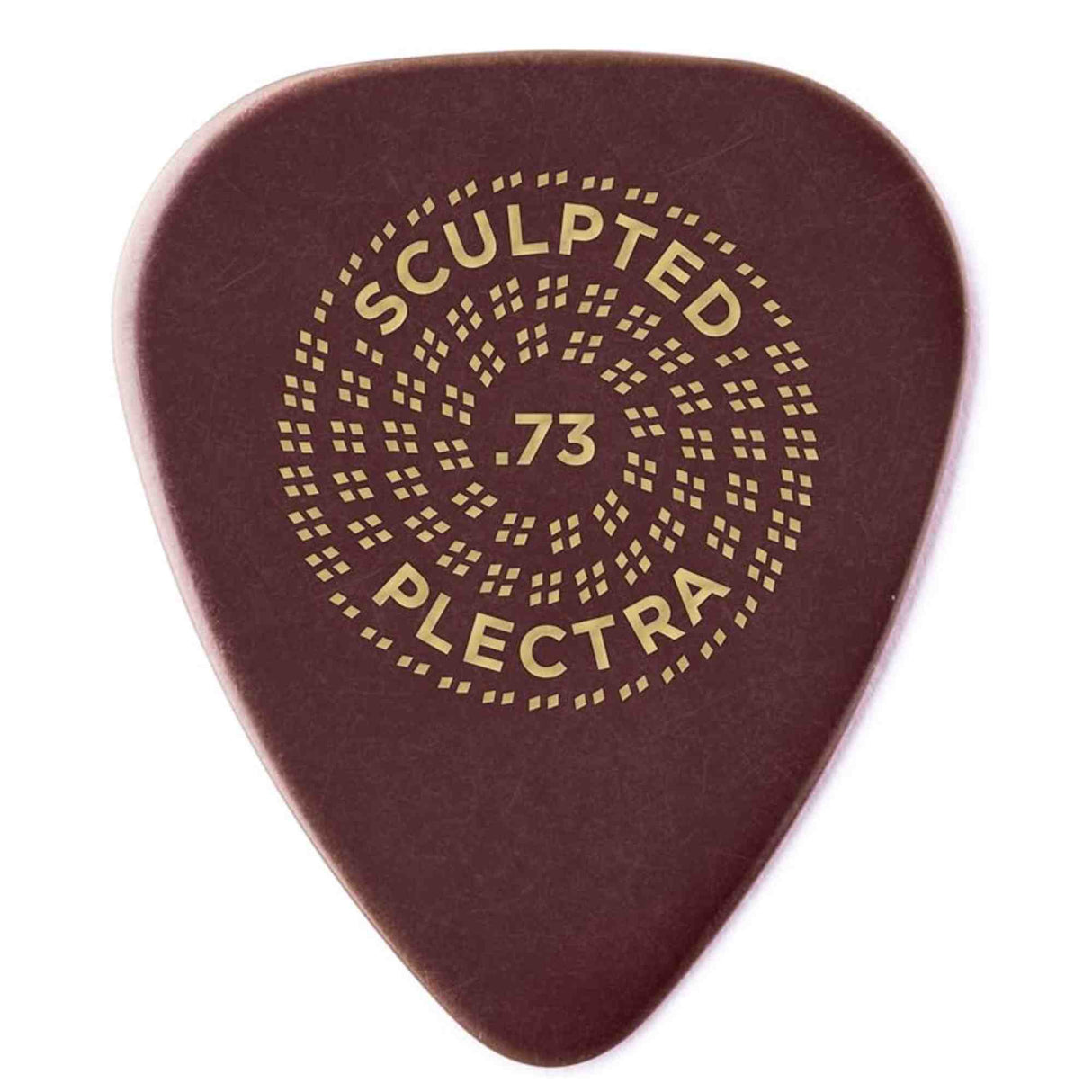 The image shows a "Sculpted Plectra" guitar pick with a .73mm medium gauge thickness. It features a dark reddish-brown tortoiseshell-style material and an intricate circular pattern of small square perforations for grip. Gold-yellow text and decorative elements enhance its premium look. This boutique pick combines aesthetic detail with functional design, suitable for versatile playing styles from strumming to picking.