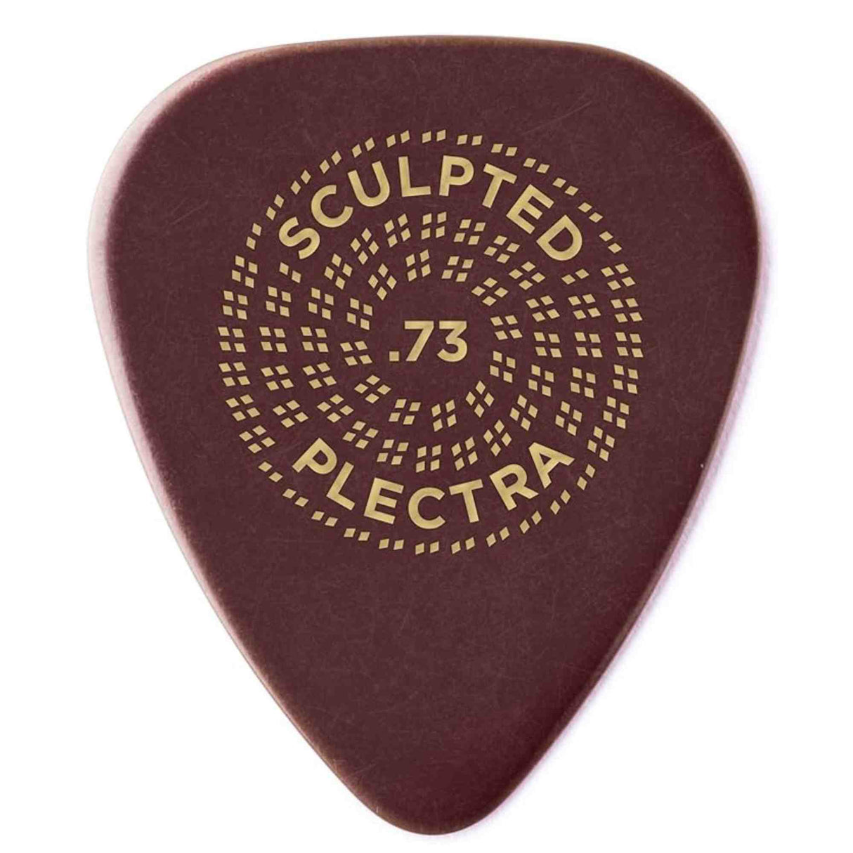 The image shows a deep red Sculpted Plectra guitar pick with a gold circular design. The circle features "SCULPTED" at the top, "PLECTRA" at the bottom, and ".73" in the center, indicating thickness in millimeters. Decorative dotted concentric circles surround the text. The premium pick’s elegant design and likely sculpted shape suggest enhanced grip and tone, suitable for various playing styles.