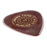 The image shows a Dunlop Primetone guitar pick in dark brown or tortoiseshell color with gold text and dotted circular patterns. It features "PRIMETONE" at the top, "DUNLOP USA" at the bottom, and "73" in the center, indicating thickness. The teardrop-shaped pick has sculpted beveled edges, a smooth surface, and some wear, reflecting its vintage look or use. Dunlop Primetone picks are favored by professionals for tone and playability.