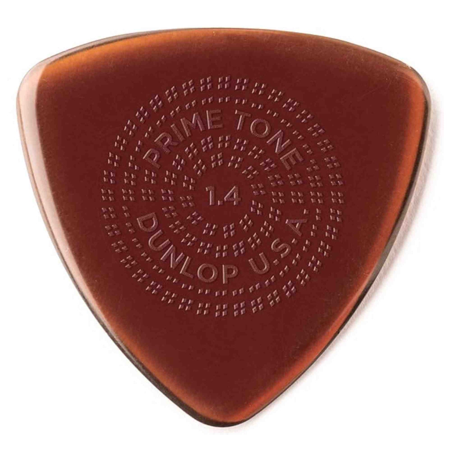 The image shows a Dunlop guitar pick from the Prime Tone series. It is translucent amber with a tortoiseshell look, embossed with "DUNLOP" and "PRIME TONE." The pick is 1.4mm thick, medium-heavy gauge, with a classic teardrop shape. Its textured, dotted surface provides enhanced grip and control, making it suitable for various playing styles while offering a vintage appearance and modern durability.