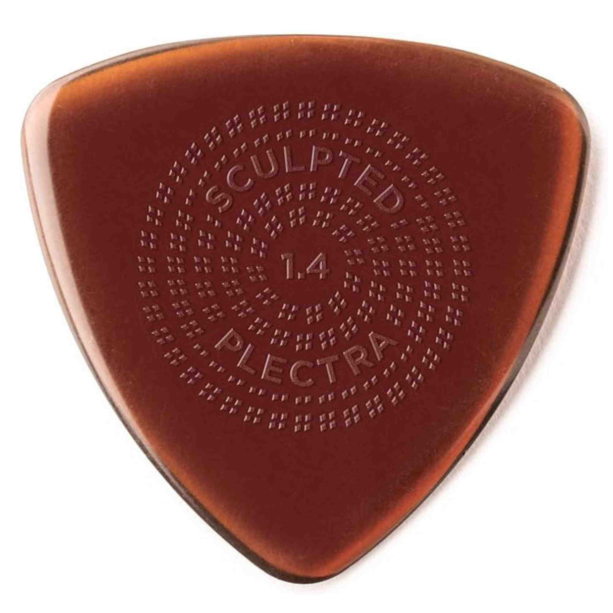 The image shows a triangular guitar pick with a translucent amber or tortoiseshell color. It features embossed text: "SCULPTED" at the top, "PLECTRA" at the bottom, and "1.4" in the center indicating thickness (1.4mm). The surface has a textured pattern of raised dots around the text for grip, highlighting its premium design to prevent slipping during play.