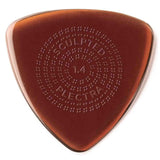 The image shows a triangular guitar pick with a translucent amber or tortoiseshell color. It features embossed text: "SCULPTED" at the top, "PLECTRA" at the bottom, and "1.4" in the center indicating thickness (1.4mm). The surface has a textured pattern of raised dots around the text for grip, highlighting its premium design to prevent slipping during play.